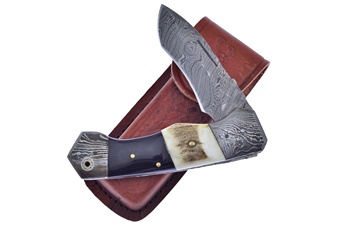 Closeout Damascus Buffalo Horn Stag Folder (1pc)